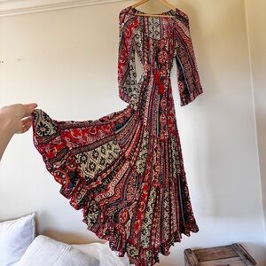 Lunisol Boho Patchwork Maxi Dress Small Paisley Empire Waist Festival